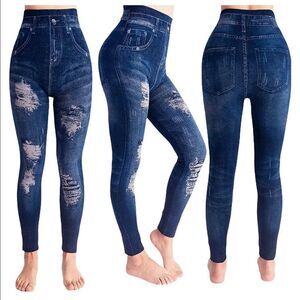 Jean Like Leggings ,Stretchy Comfy Seamless Skinny Denim Print Fake Jeans